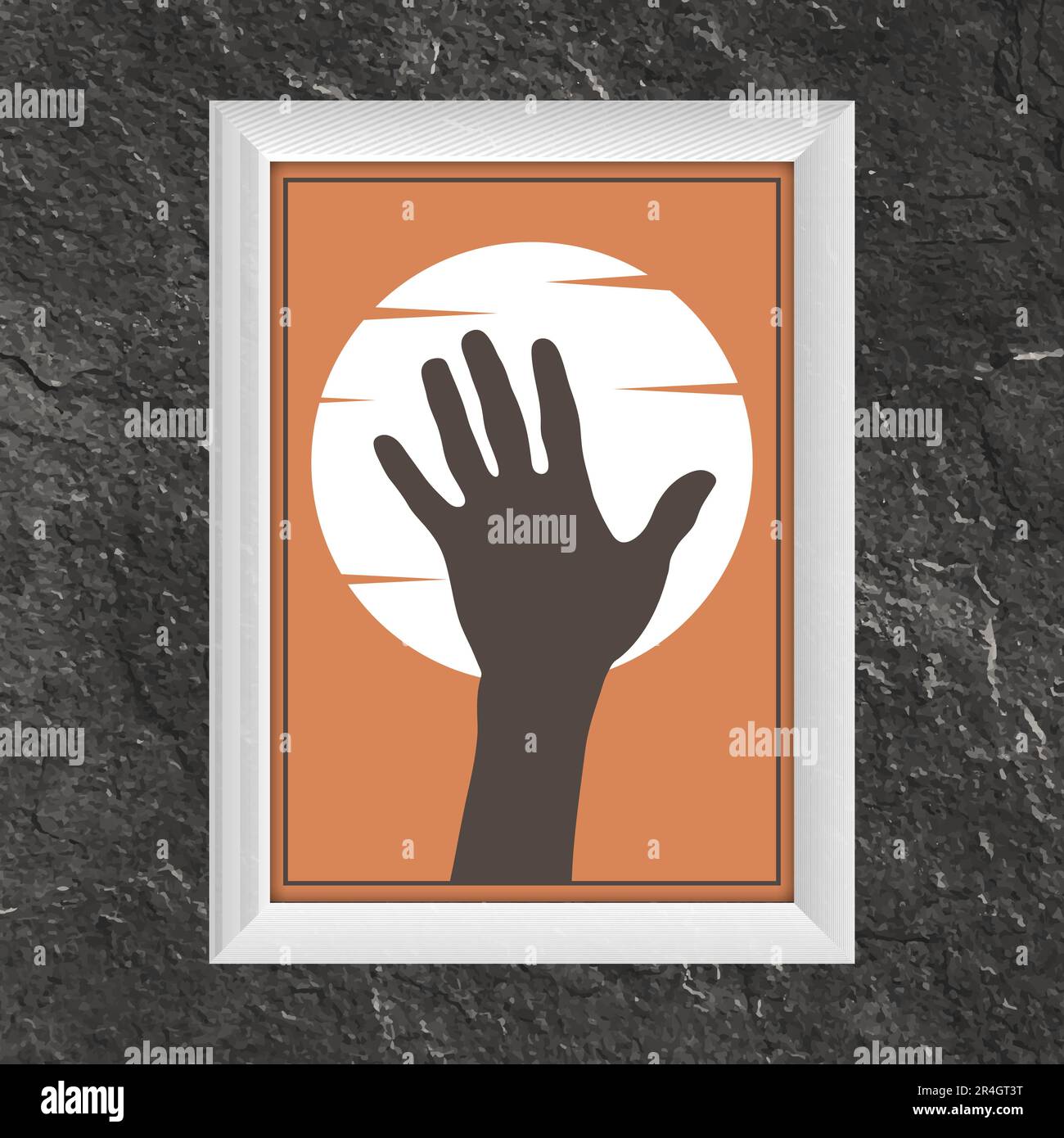 La mano è sollevata sullo sfondo del sole. La disposizione dell'arte concettuale Modello di un dipinto o di un poster per l'interior design. Bene Illustrazione Vettoriale