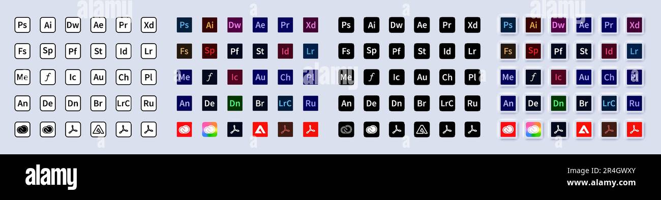 Prodotto Adobe. Set di logotipi di prodotti adobe: adobe, Illustrator, photoshop, Creative cloud, After Effects, lightroom. Adobe programmi logo collectio Illustrazione Vettoriale