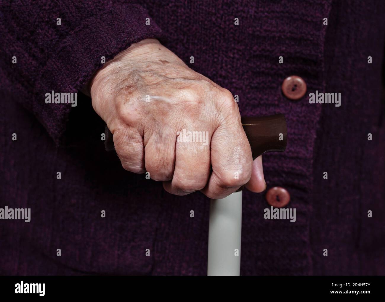 Mano di una donna anziana su una canna da zucchero, primo piano Foto Stock