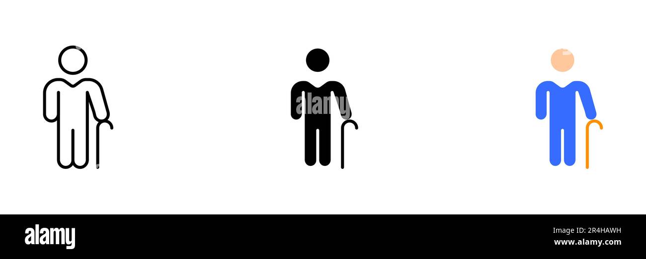 Un'illustrazione di una persona anziana che usa un bastone o un bastone da passeggio, che rappresenta problemi di invecchiamento o di mobilità. Set vettoriale di icone in linea, nero e colo Illustrazione Vettoriale