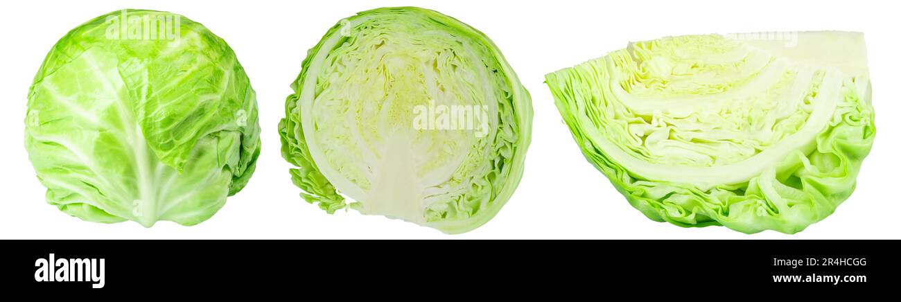 Collezione Green Heads of Young Cabages su fondo isolato bianco. Cibo sano e naturale vegetariano. Il file contiene il percorso di ritaglio. Foto Stock