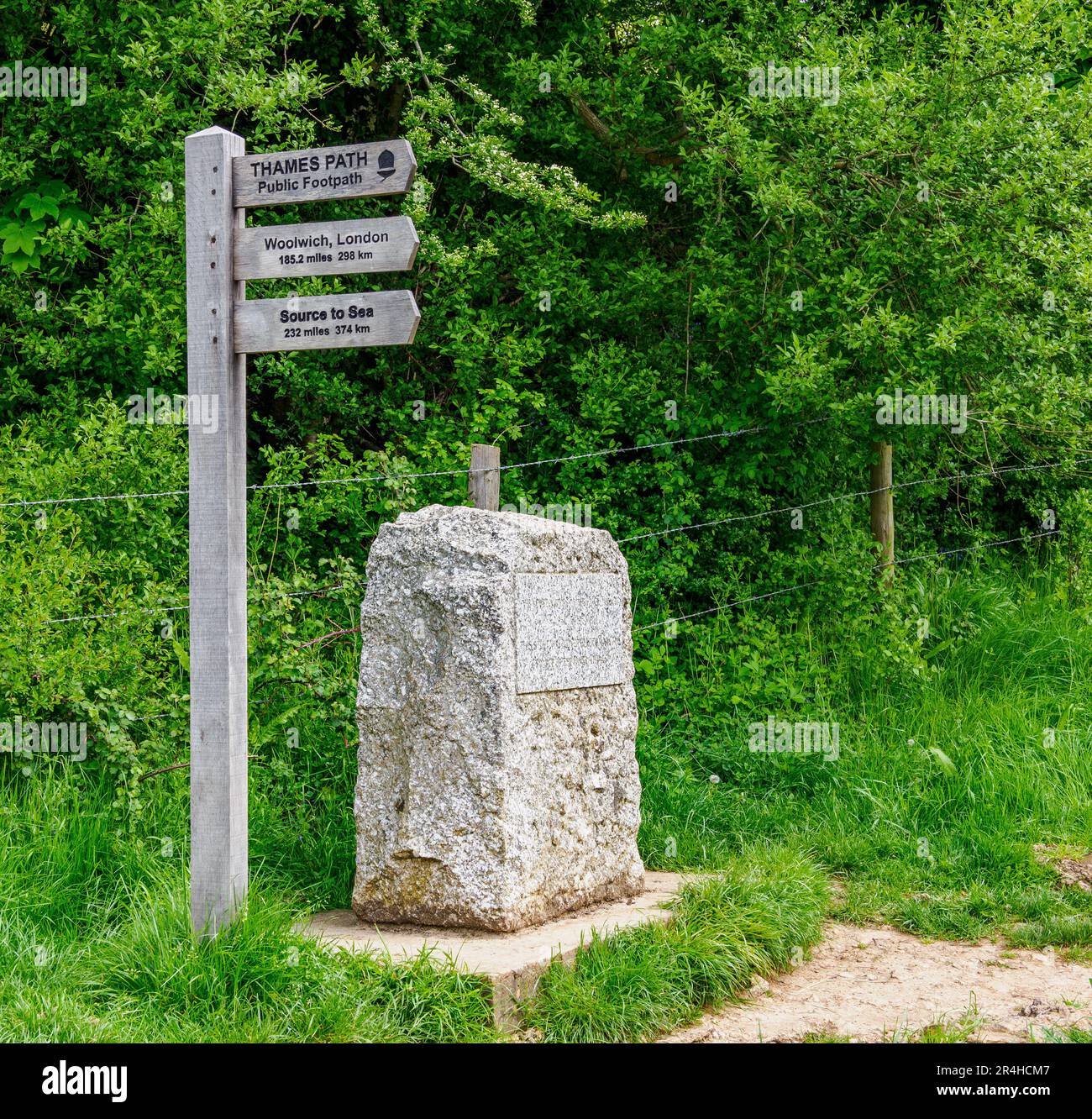 Fonte ufficiale e spesso contestata del Tamigi nei pressi di Kemble nel Wiltshire Regno Unito segnata da una pietra di granito e una targa Foto Stock