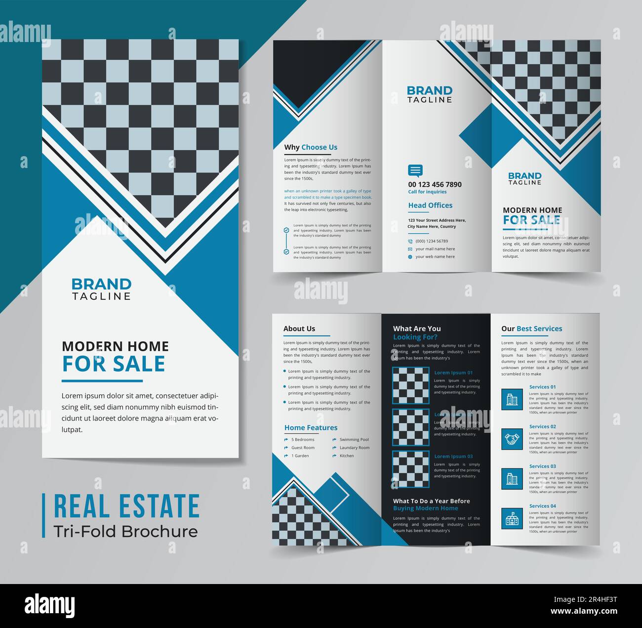 Corporate Real estate e casa appartamento triplice brochure modello design, triplice business plant orizzontale brochure design con formato A4 Illustrazione Vettoriale