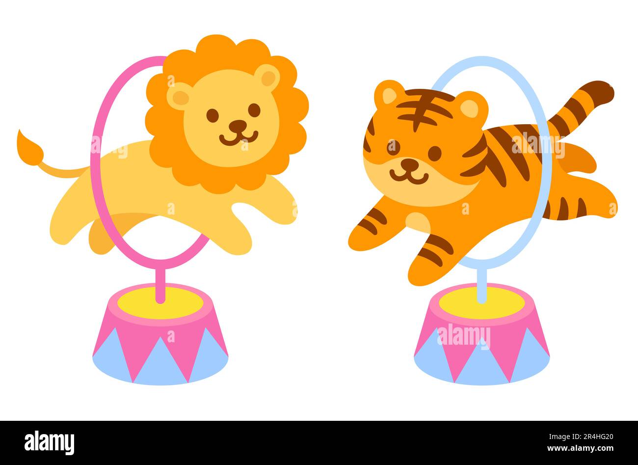 Cartoon circo tigre e leone che saltano attraverso cerchio. Illustrazione vettoriale di prestazioni di animali da circo simpatici e divertenti, disegno di libri per bambini. Illustrazione Vettoriale