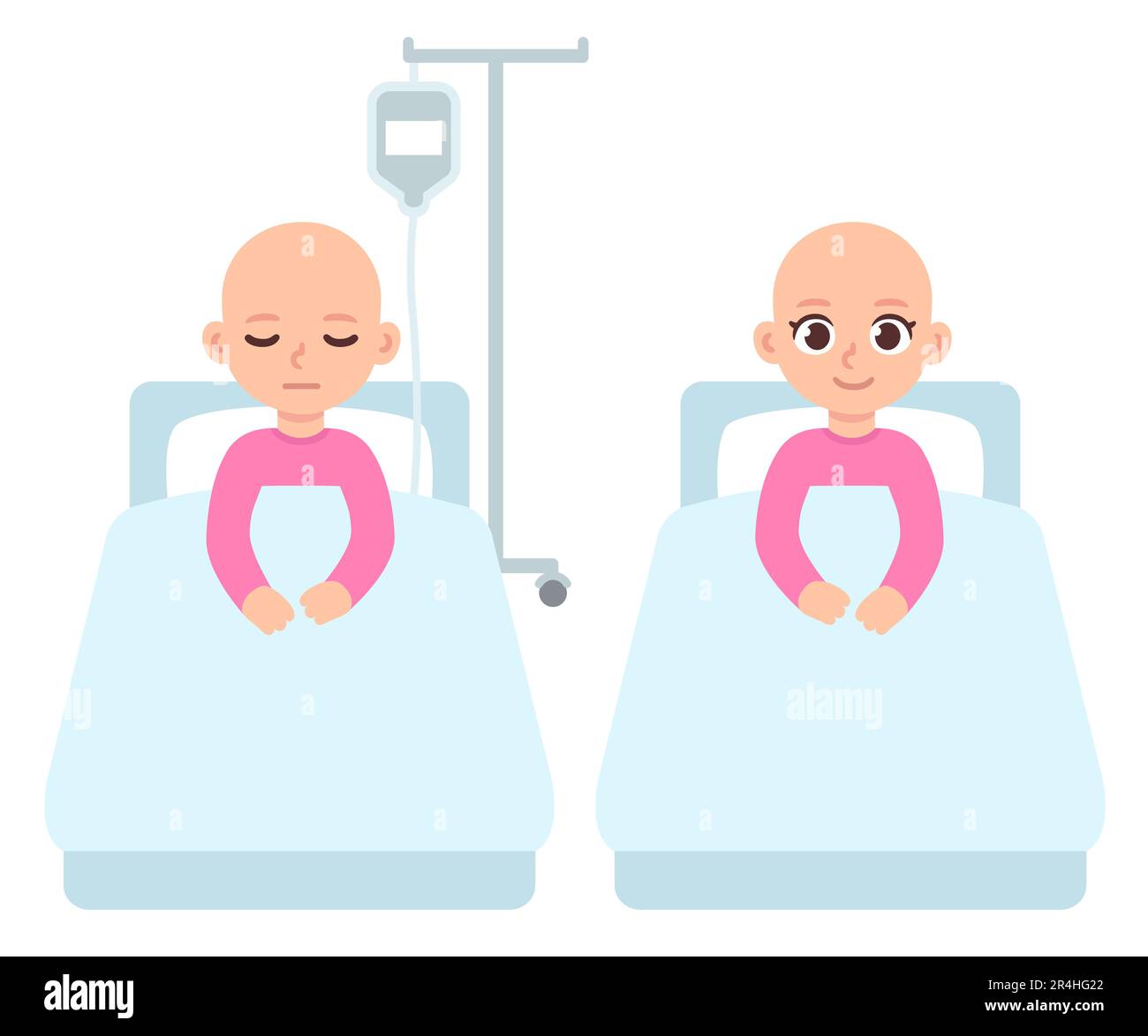 Bambino con cancro, bambina in letto d'ospedale che riceve un trattamento di chemioterapia IV. Simpatica illustrazione dei cartoni animati in stile vettoriale piatto. Illustrazione Vettoriale