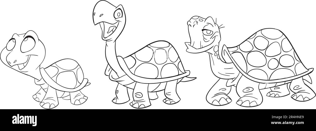 Set vettoriale di tartarughe cartoni animati . Illustrazione del carattere animale per i bambini. Disegni a linee disegnati a mano di tartarughe divertenti. Grande collezione di tartarughe Illustrazione Vettoriale