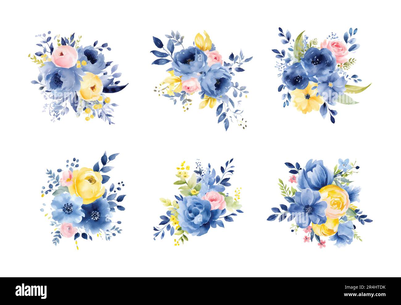 Set di fiori acquerelli gialli e blu, vintage Vector Illustrazione Vettoriale