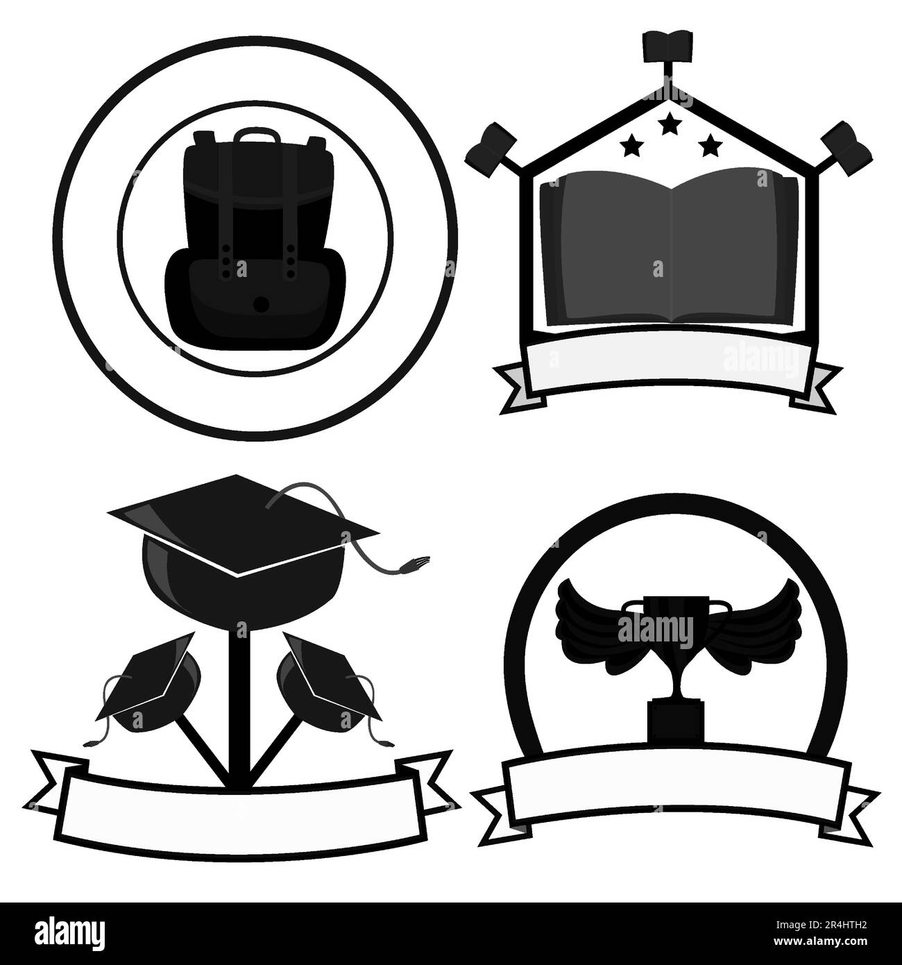 Illustrazione vettoriale di quattro Logo, borsa, libro, cappello Graduation, Trofeo e sfondo di colore bianco. Illustrazione Vettoriale