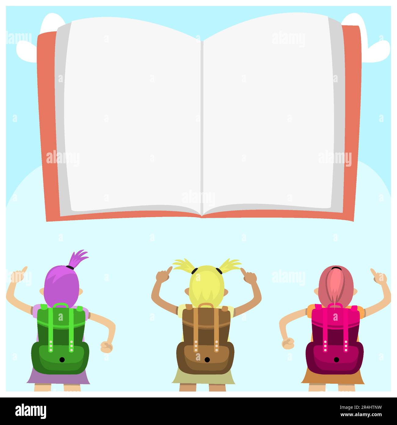 Illustrazione vettoriale di libro grande vuoto e tre studenti per come Back School, sfondo cielo Illustrazione Vettoriale