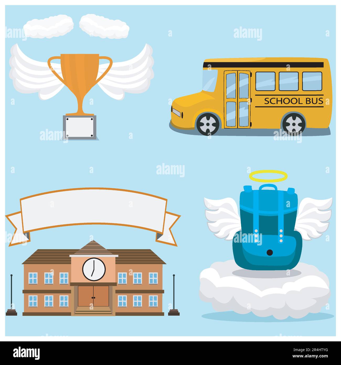 Illustrazione vettoriale di Trofeo, Borsa, Bus, Scuola e sfondo di colore blu. Illustrazione Vettoriale