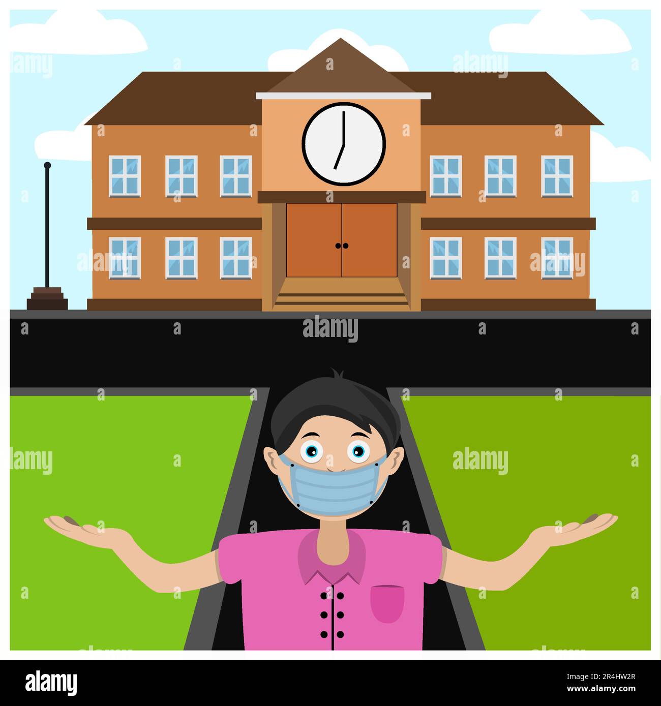 Illustrazione vettoriale del masker facciale, della presentazione e dello sfondo scolastico dei ragazzi. Illustrazione Vettoriale