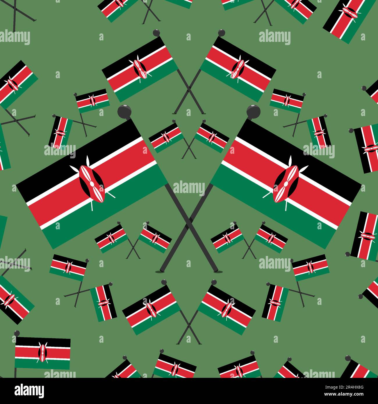 Illustrazione vettoriale delle bandiere di Kenia di modello e sfondo di colore verde scuro. Illustrazione Vettoriale