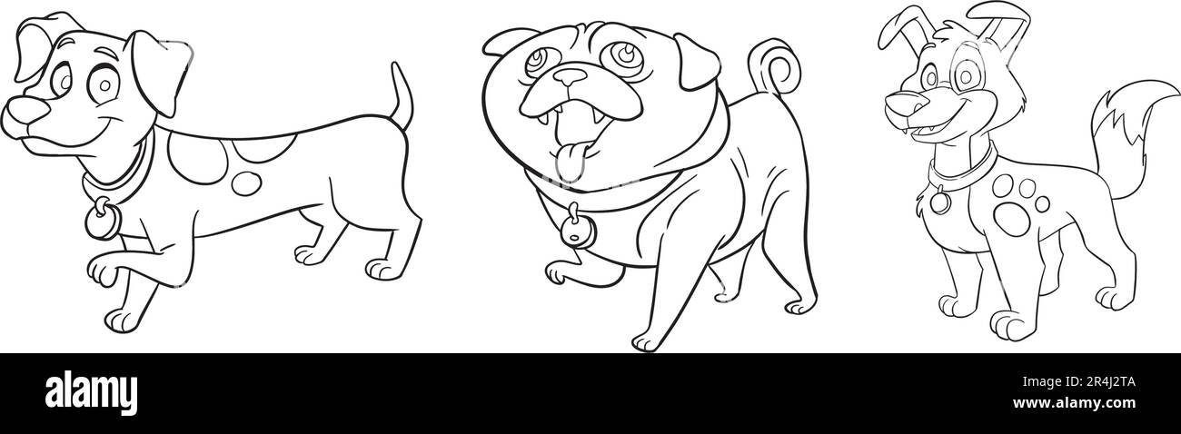 Illustrazione di cani da cartone animato, stile di pagina da colorare, icona vettoriale isolata e illustrazione della mascotte, sfondo bianco. Illustrazione Vettoriale
