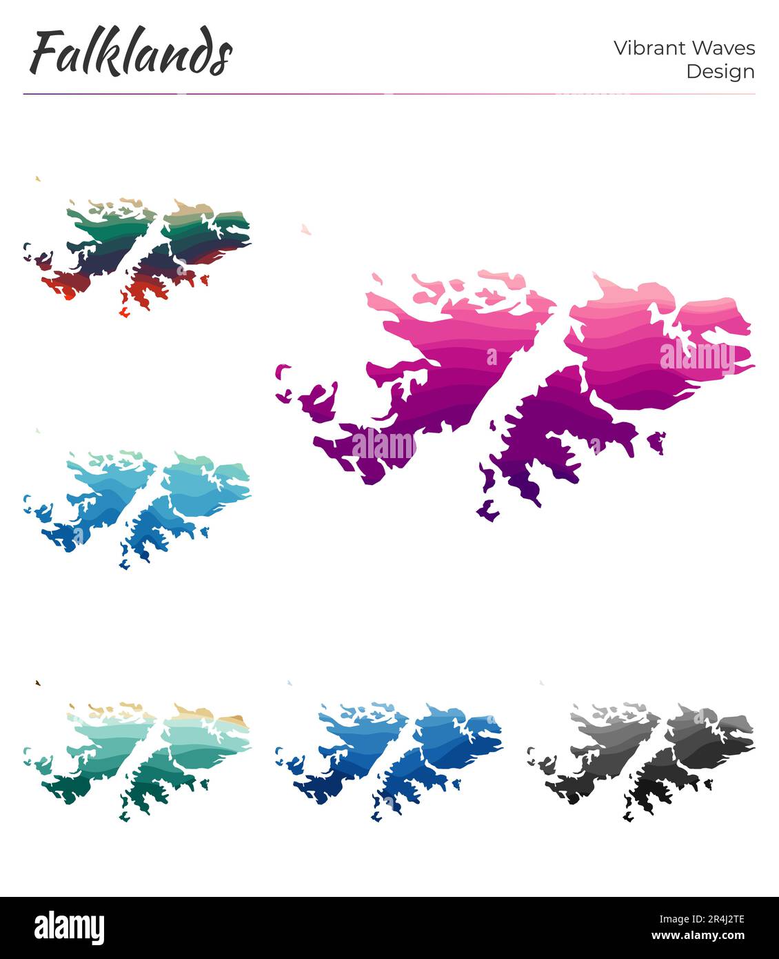 Set di mappe vettoriali di Falkland. Design a onde vibranti. Mappa luminosa del paese in stile geometrico con curve lisce. Mappa delle Falklands multicolore per il des Illustrazione Vettoriale