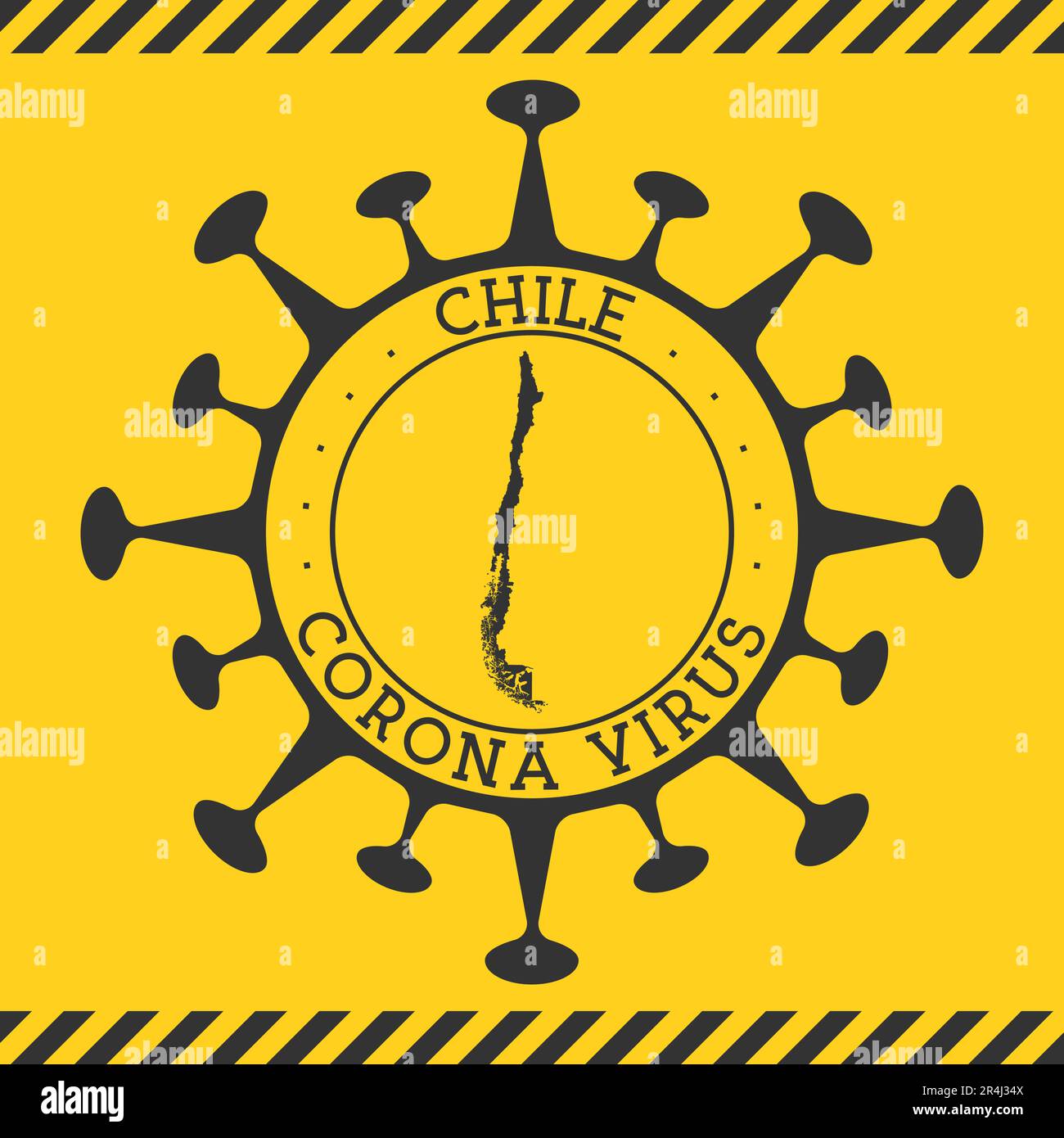 Corona virus in Cile segno. Distintivo rotondo con forma di virus e Cile mappa. Timbro di blocco per l'epidemia del paese giallo. Illustrazione vettoriale. Illustrazione Vettoriale