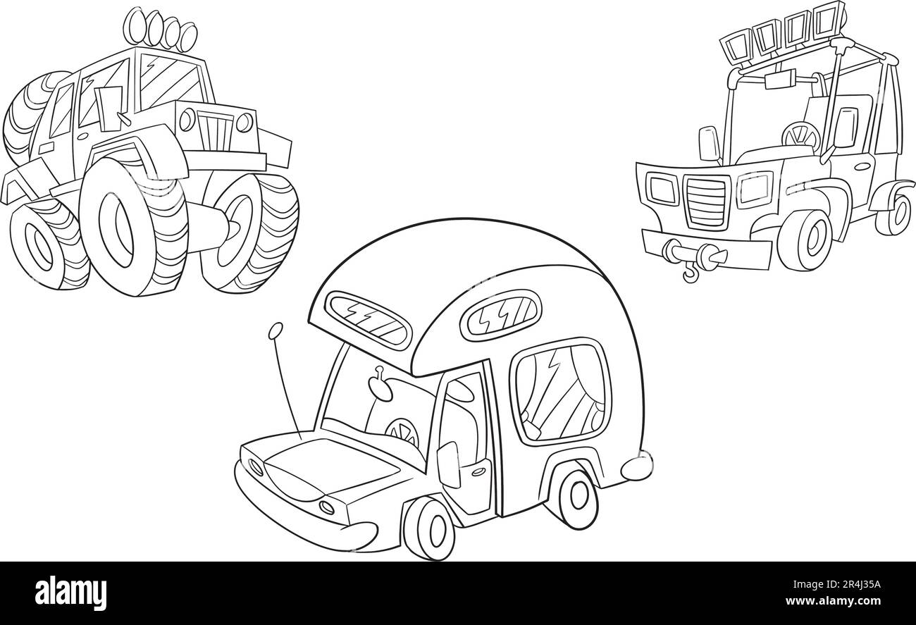 Delineato Cars Cartoon pose personaggio. Set di raccolte disegnate a mano Vector isolato su sfondo bianco. Stile Doodle. Ritiro auto per bambini Illustrazione Vettoriale