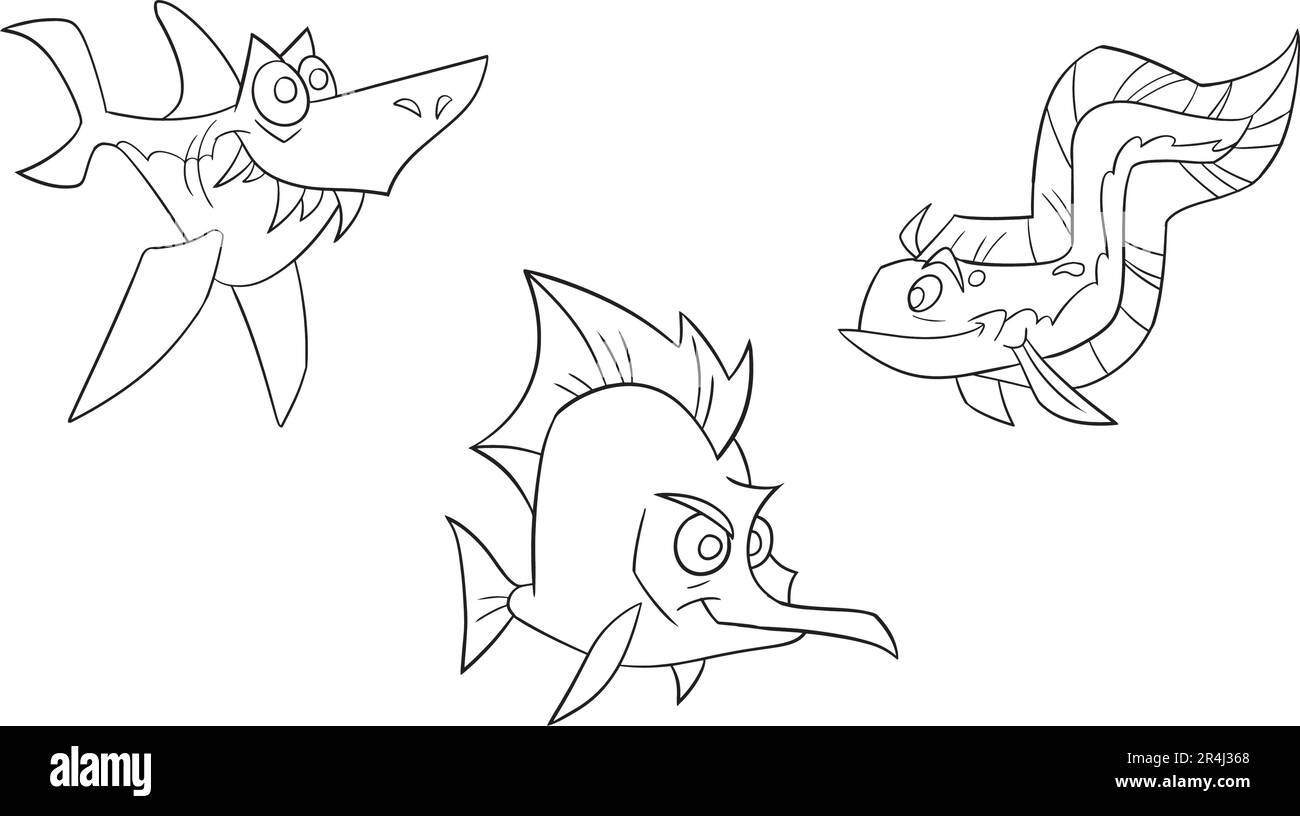 Gruppo di animali marini pagina da colorare. Pesci oceanici, polpi, delfini, squali, balene, tartaruga e granchio. Stile Doodle. Illustrazione vettoriale di contorno per la colorazione Illustrazione Vettoriale
