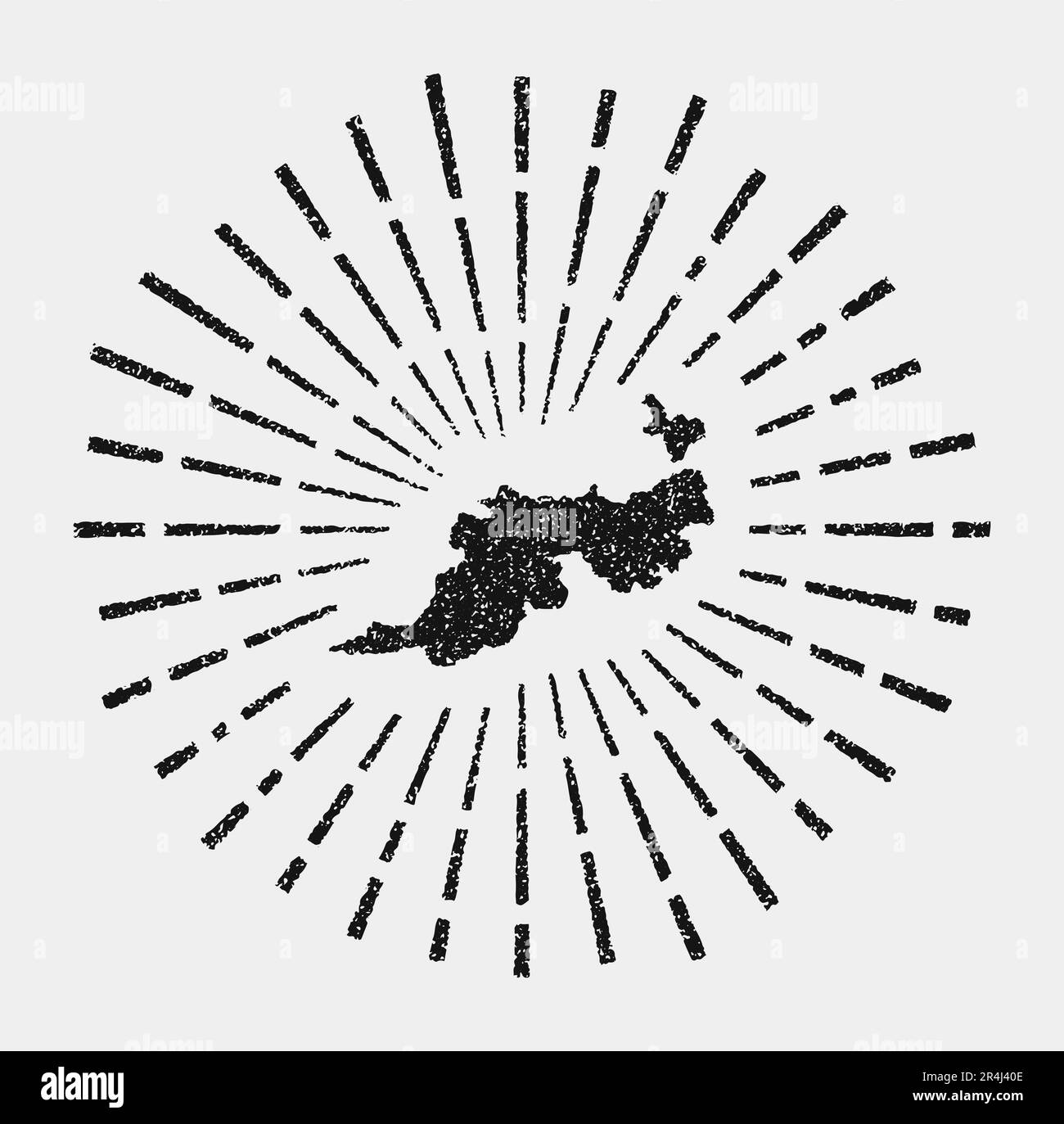 Mappa vintage dell'Isola di Guana. Il sole grunge scoppiò intorno all'isola. Forma del bordo della Guana nera con raggi solari su sfondo bianco. Illustrazione vettoriale. Illustrazione Vettoriale