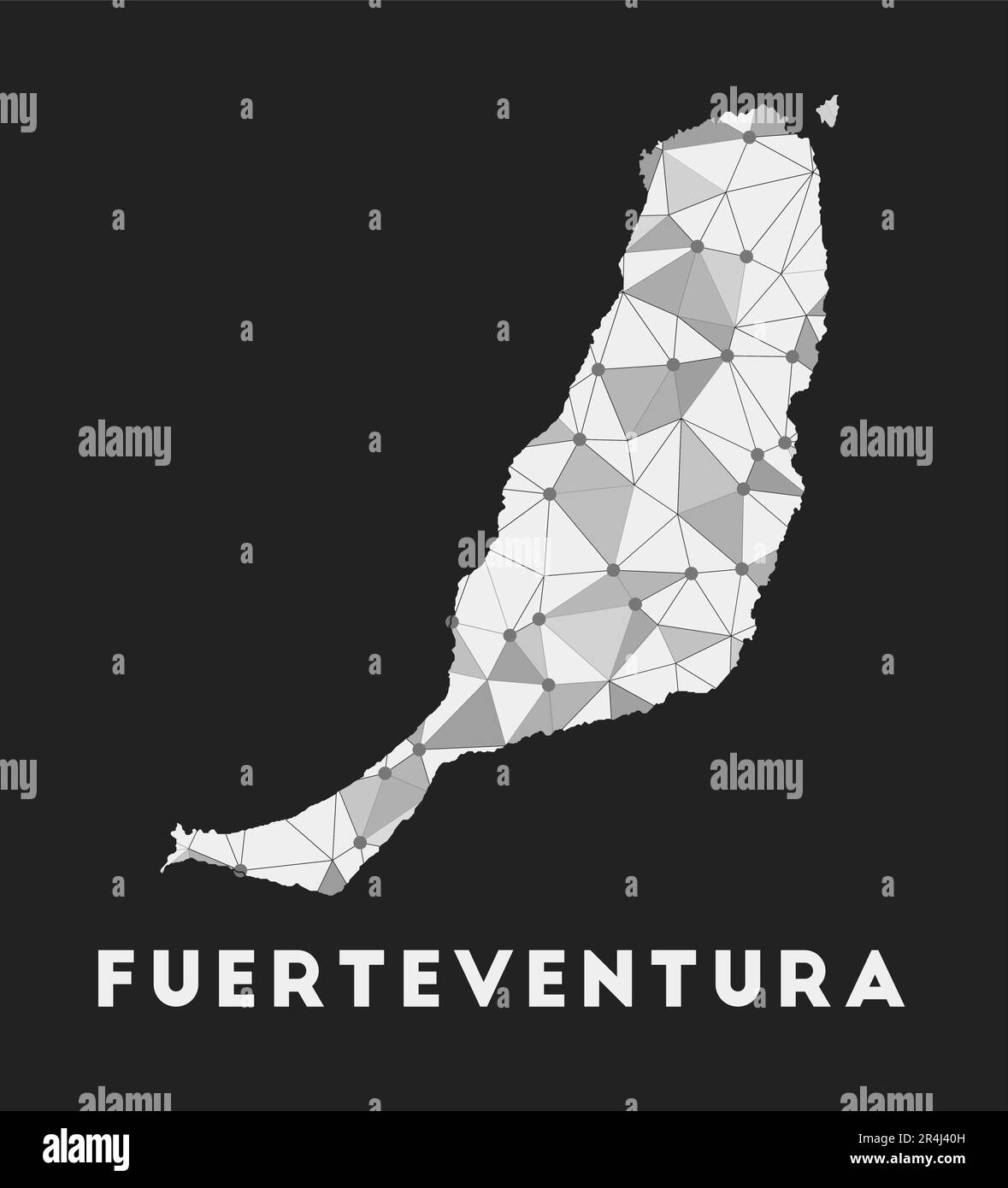 Fuerteventura - rete di comunicazione mappa dell'isola. Design geometrico alla moda Fuerteventura su sfondo scuro. Illustrazione Vettoriale