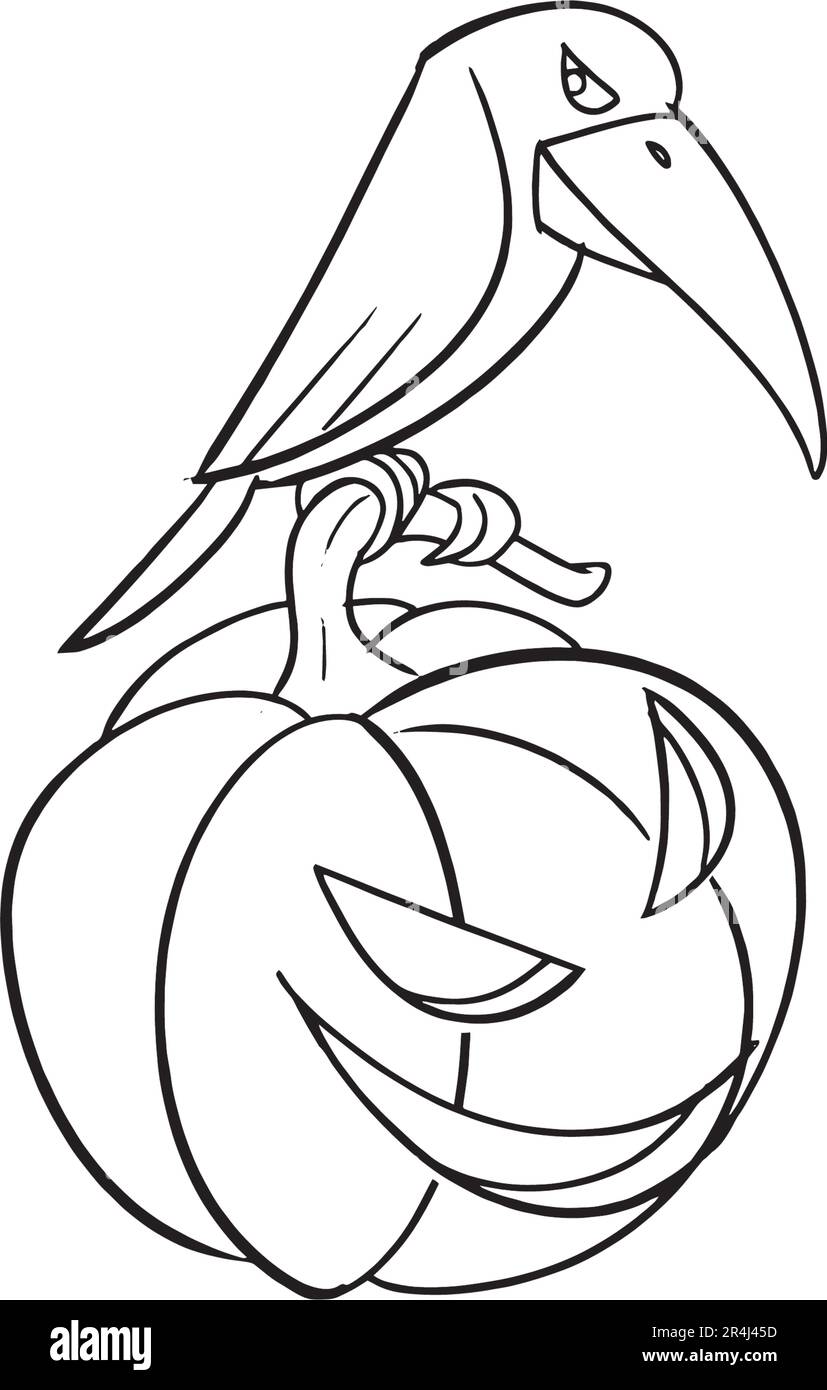 wicked corvo per le pagine da colorare del partito hallowen. Pagina da colorare di Halloween con oggetti spoky, disegnata a mano carino foglio da colorare di Halloween. Stile Doodle. Illustrazione Vettoriale