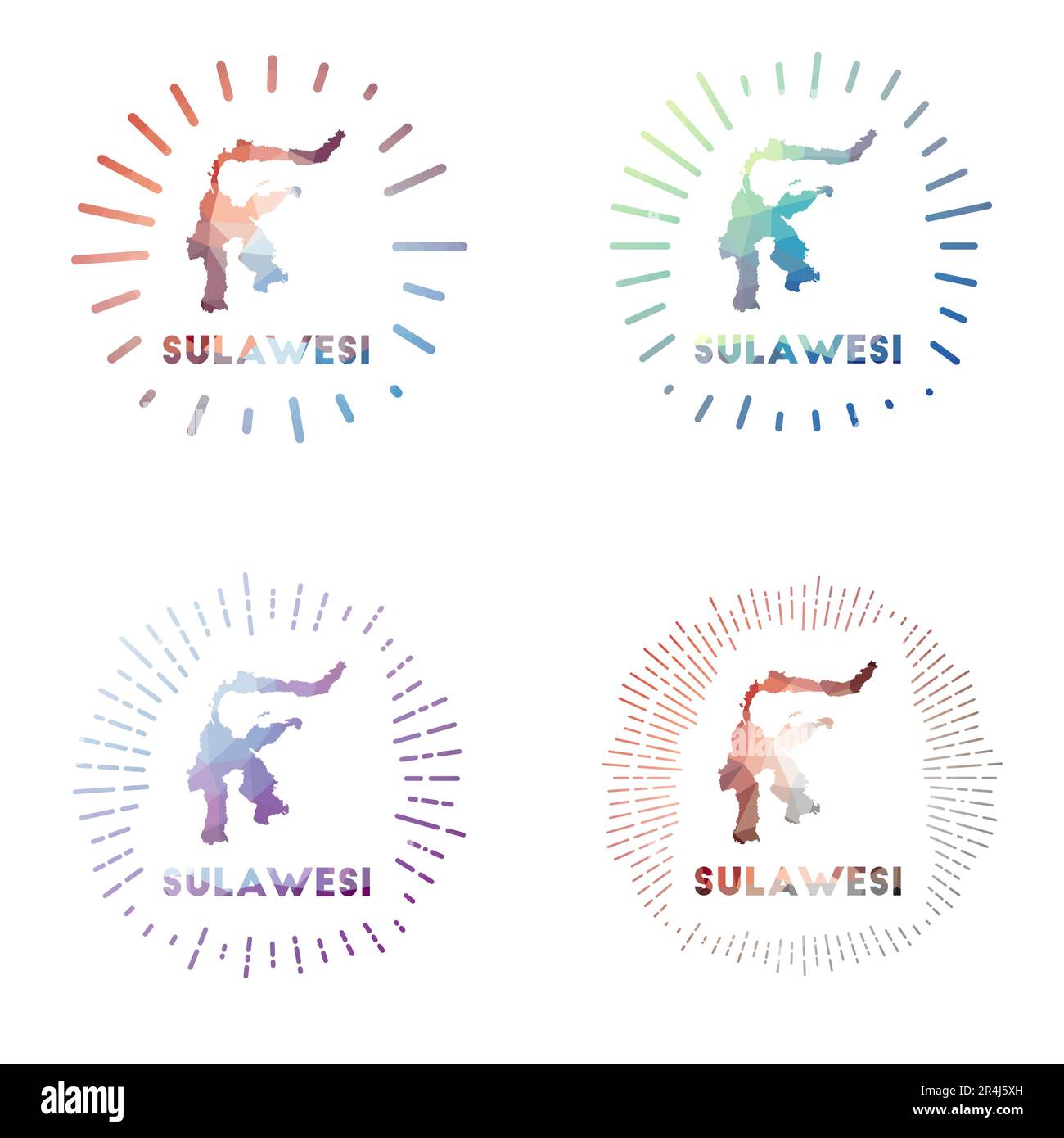 Set Sulawesi low Poly Sunburst. Logo dell'isola in stile poligonale geometrico. Illustrazione vettoriale. Illustrazione Vettoriale