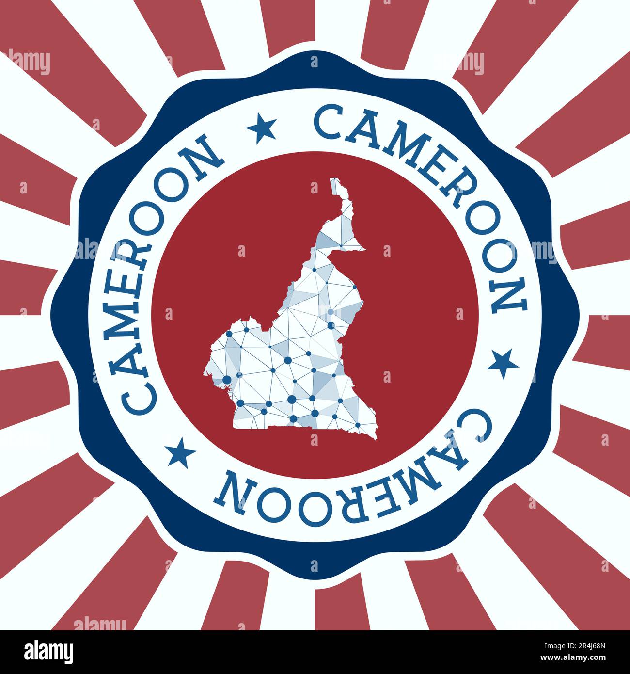 Distintivo Camerun. Logo rotondo di paese con mappa a maglia triangolare e raggi radiali. Vettore EPS10. Illustrazione Vettoriale