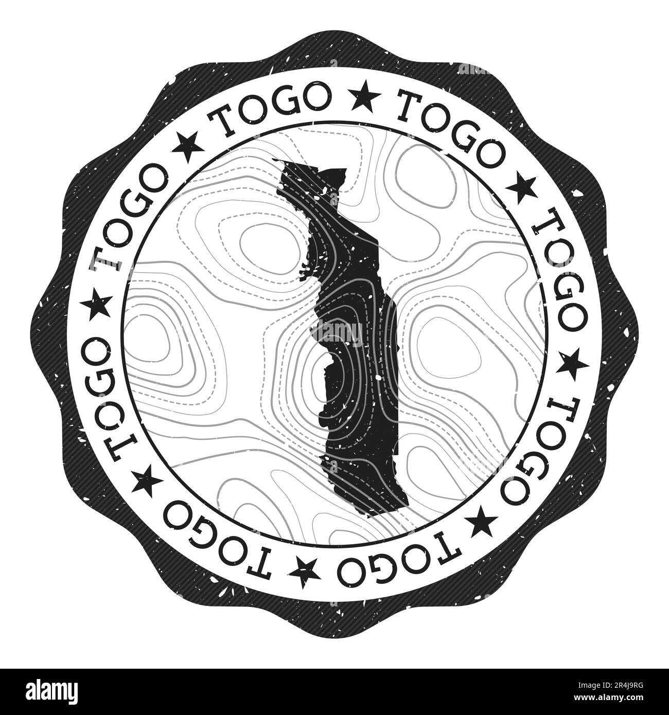 Francobollo Togo per esterni. Adesivo rotondo con mappa del paese con isoline topografiche. Illustrazione vettoriale. Illustrazione Vettoriale