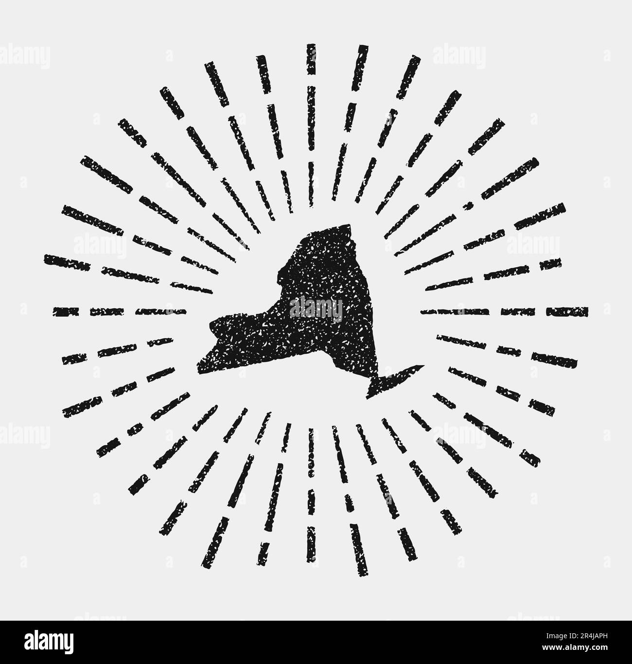 Mappa d'epoca di New York. Grunge Sunburst in tutto lo stato degli Stati Uniti. Forma nera di New York con raggi del sole su sfondo bianco. Illustrazione vettoriale. Illustrazione Vettoriale