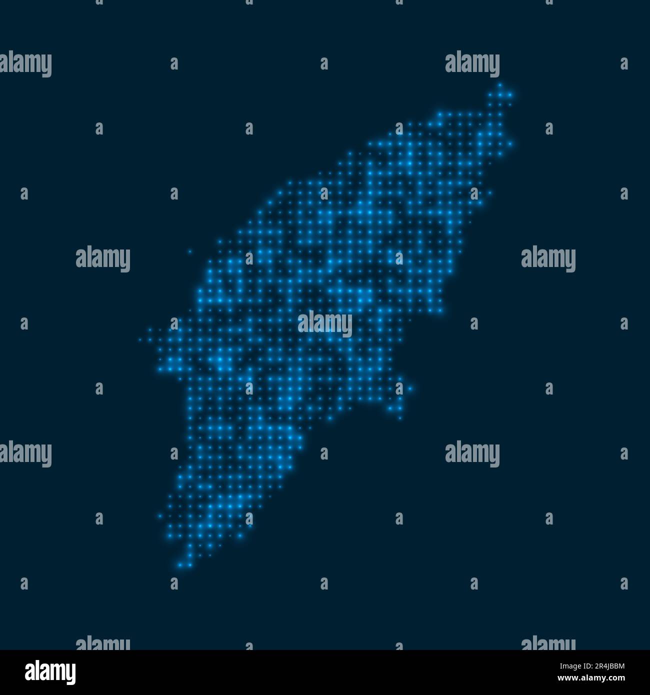 Rodi mappa luminosa punteggiata. Forma dell'isola con bulbi blu luminosi. Illustrazione vettoriale. Illustrazione Vettoriale