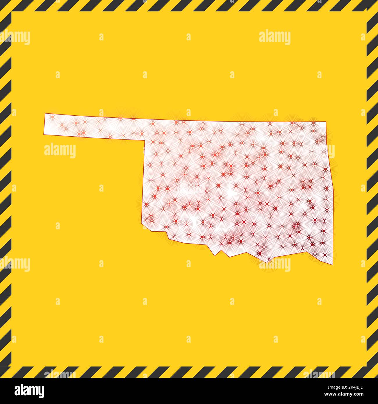 Oklahoma chiuso - segnale di pericolo del virus. Icona di blocco dello stato USA. Bordo a strisce nere intorno alla mappa con il concetto di diffusione del virus. Illustrazione vettoriale. Illustrazione Vettoriale