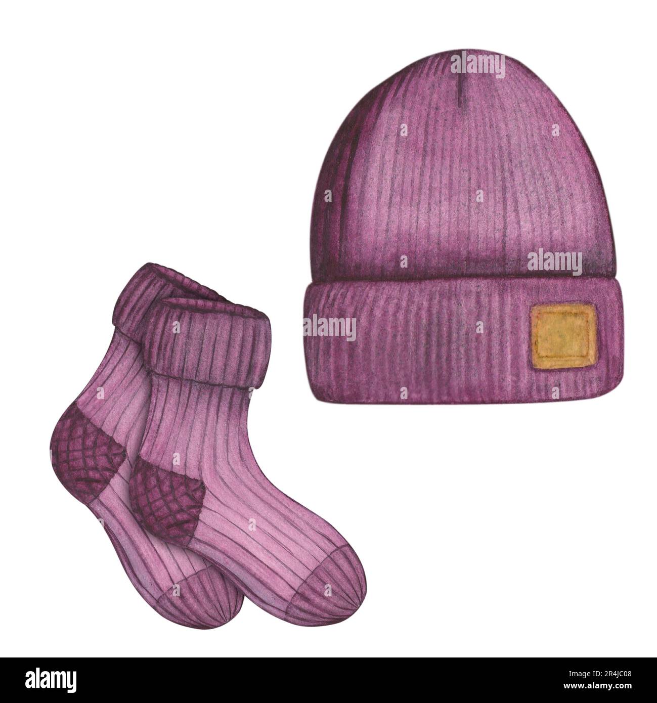 Cappello e calze a maglia viola invernale o autunnale su sfondo bianco. Illustrazione ad acquerello disegnata a mano. Foto Stock