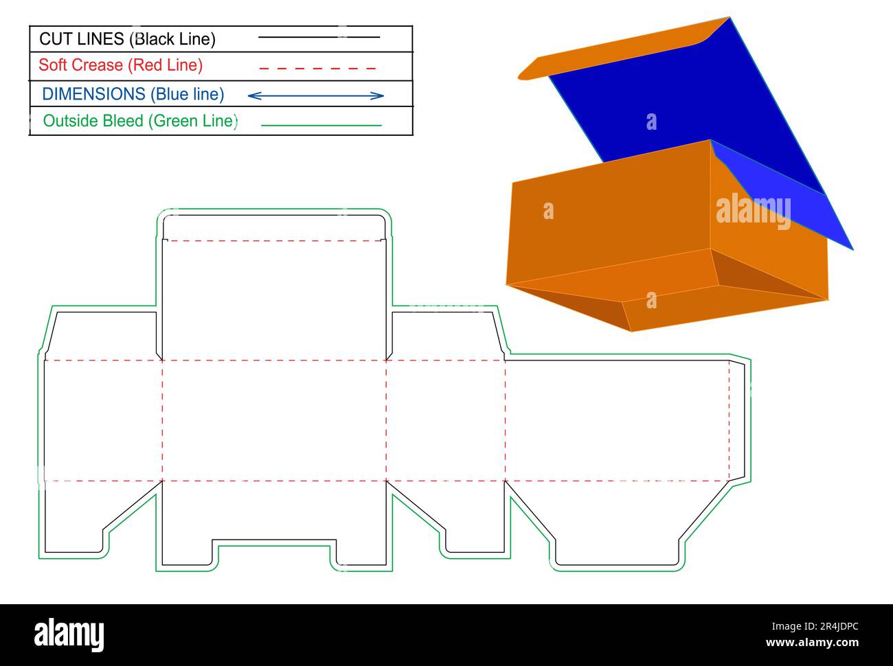 Tuck Top Auto Bottom Lock o Snap Bottom Lock Box Die line template e rendering box 3D. Illustrazione Vettoriale