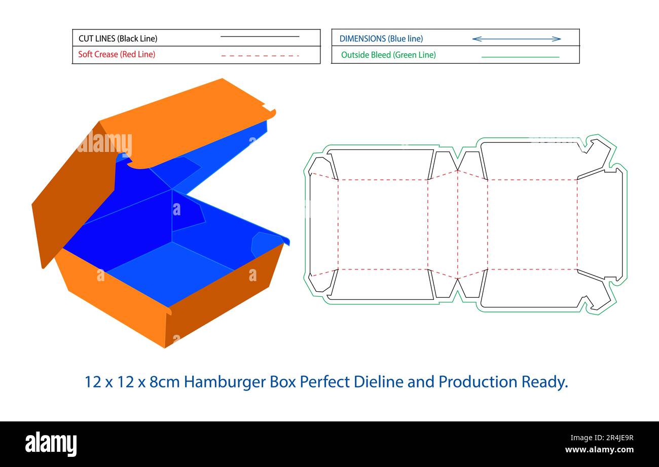 Scatola per hamburger modificabile e perfetta linea di stampi o modello fustellato Auto-montaggio ecologico, senza colla, scatola per hamburger fast food Illustrazione Vettoriale