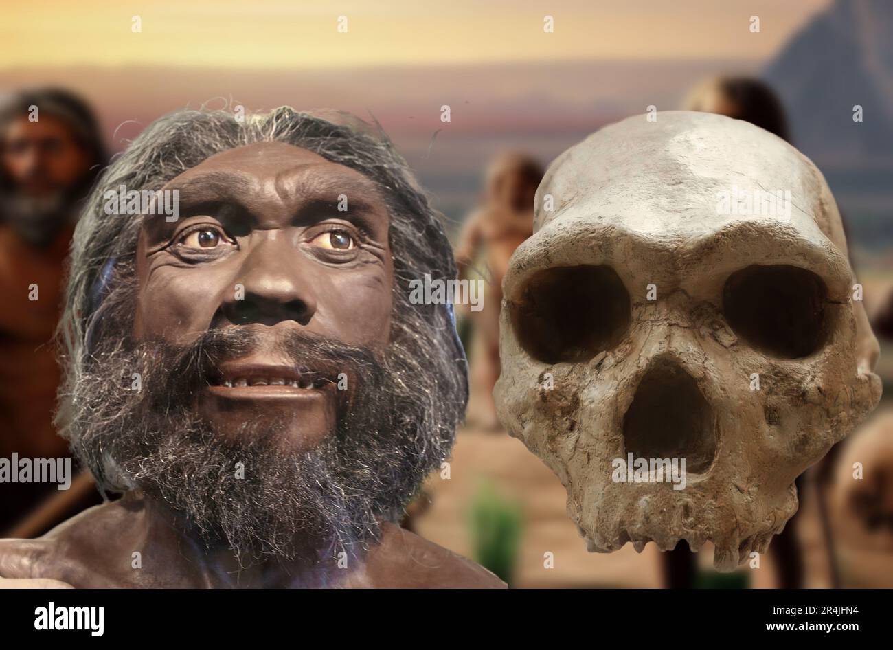 Homo heidelbergensis è un uomo preistorico estinto. Ha usato gli attrezzi più avanzati che Homo erectus, quali gli assi della mano e le lance e probabilmente fire.jpg Foto Stock