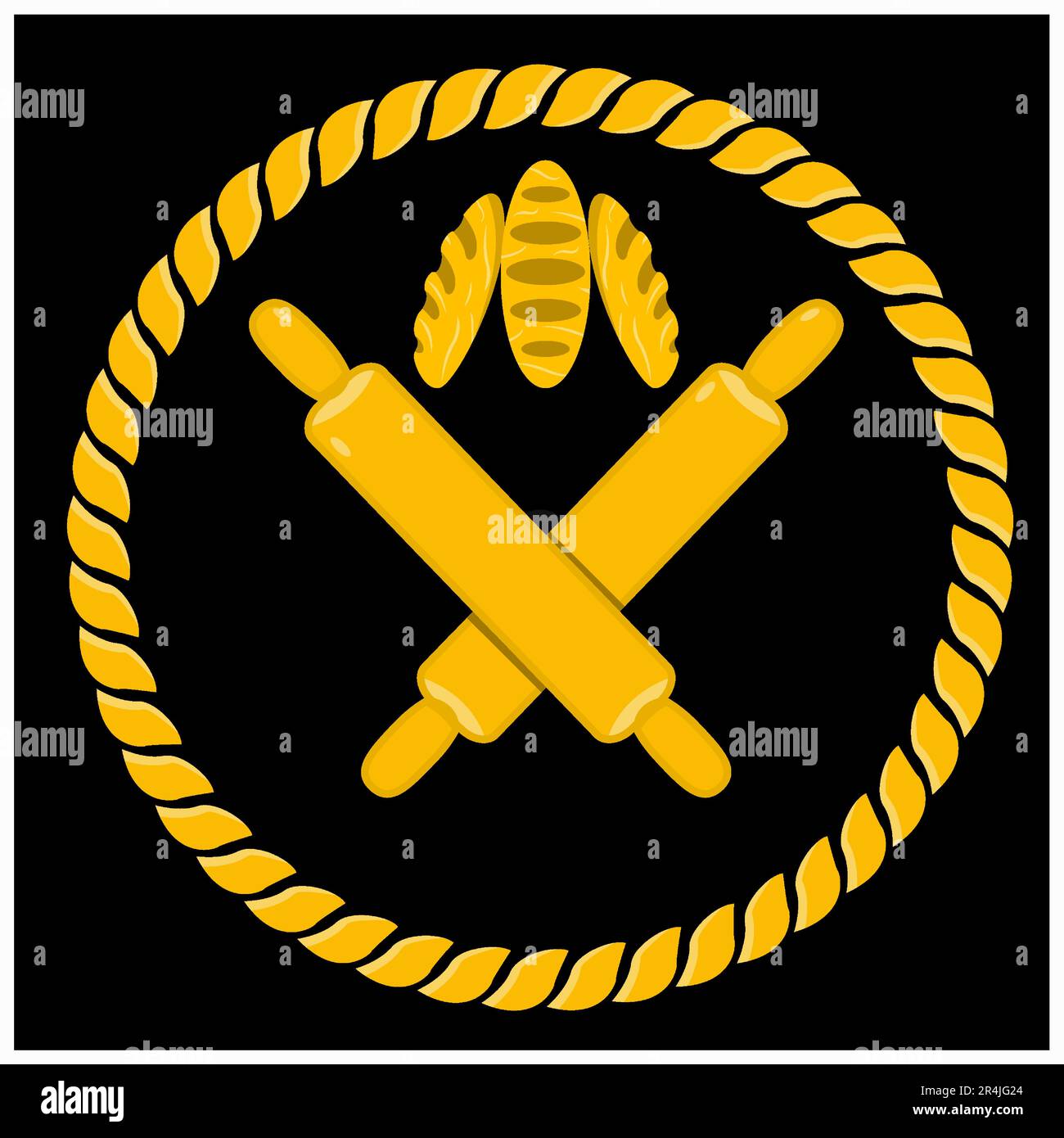 Illustrazione vettoriale di due segnaposto e tre logo pane, sfondo giallo, oro e nero Illustrazione Vettoriale