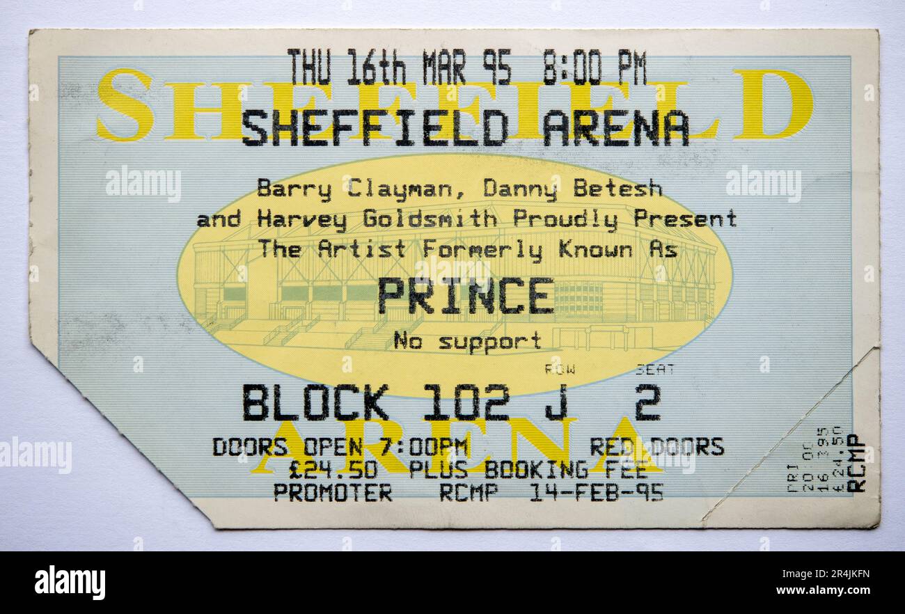 Biglietto per il concerto per lo spettacolo Prince alla Sheffield Arena nel Regno Unito nel marzo 1995 Foto Stock