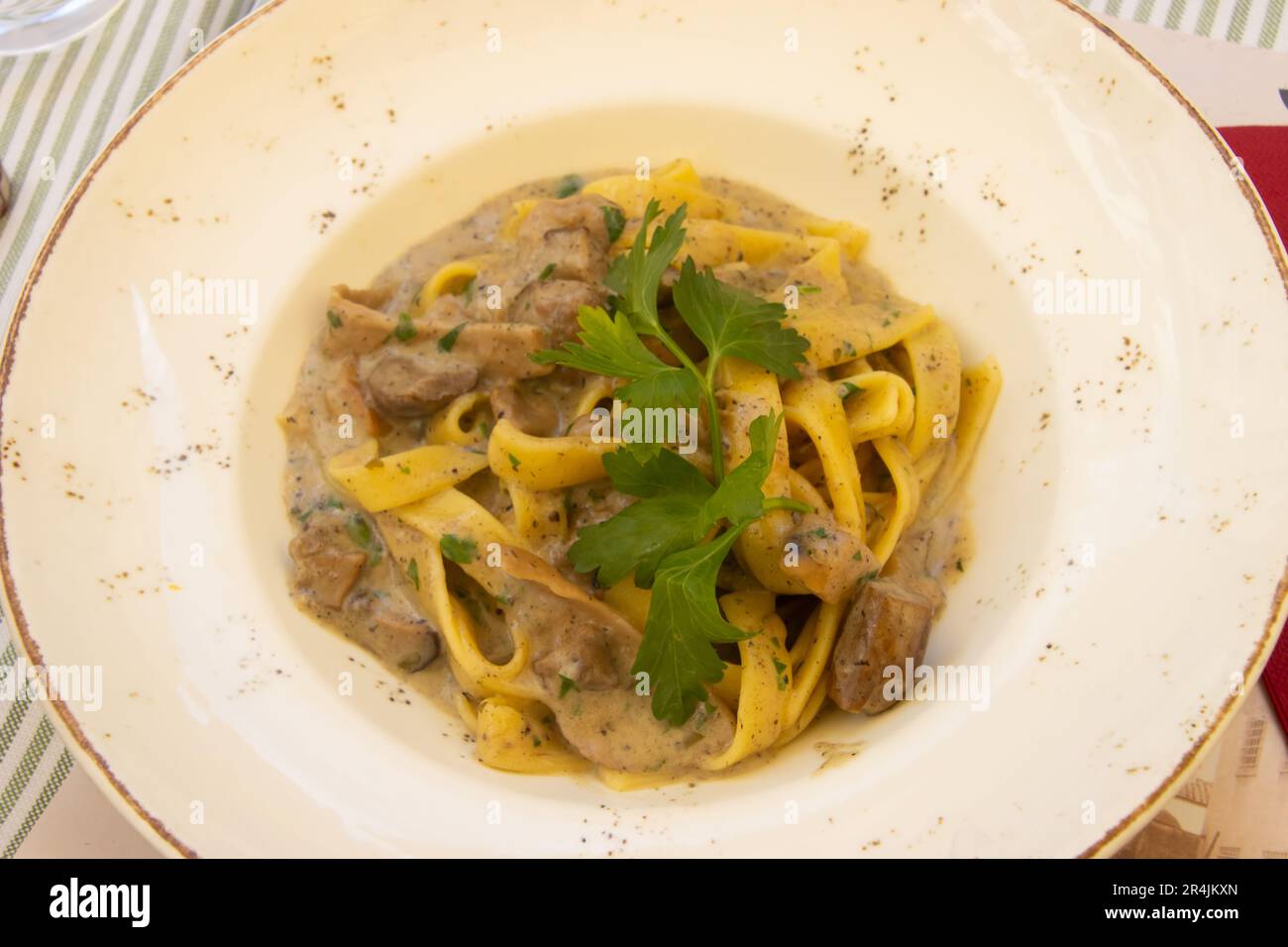 Tagliatelle con funghi porcini e salsa al tartufo Foto Stock