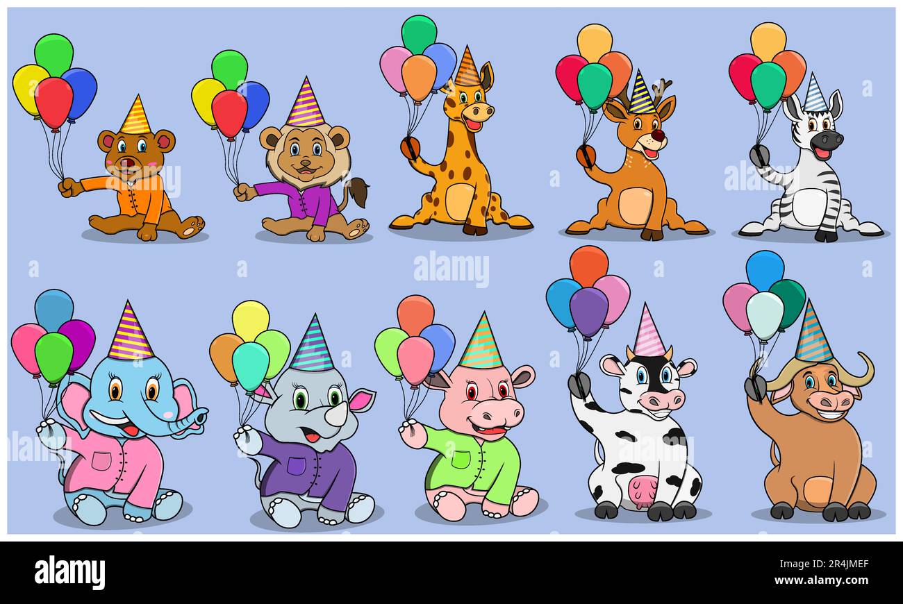 Dieci animali personaggio con bring Balloons per Ready to Party, colori sfondo, mascotte, icona, personaggio o Logo, Vettore e illustrazione. Illustrazione Vettoriale