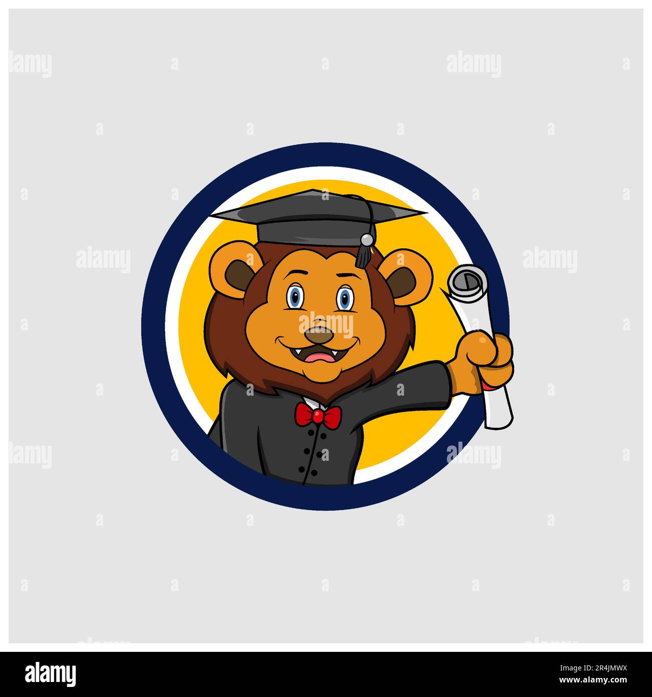 Cute Lion Head Graduate Circle Label , colori gialli sfondo, Cartoon, Mascotte, Animali, Carattere, vettore e illustrazione. Illustrazione Vettoriale