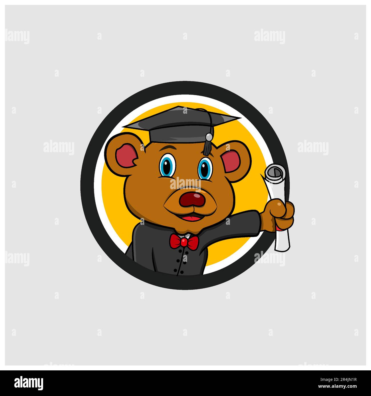 Cute Bear Head Graduate Circle Label , colori gialli sfondo, Cartoon, Mascotte, Animali, Carattere, vettore e illustrazione. Illustrazione Vettoriale