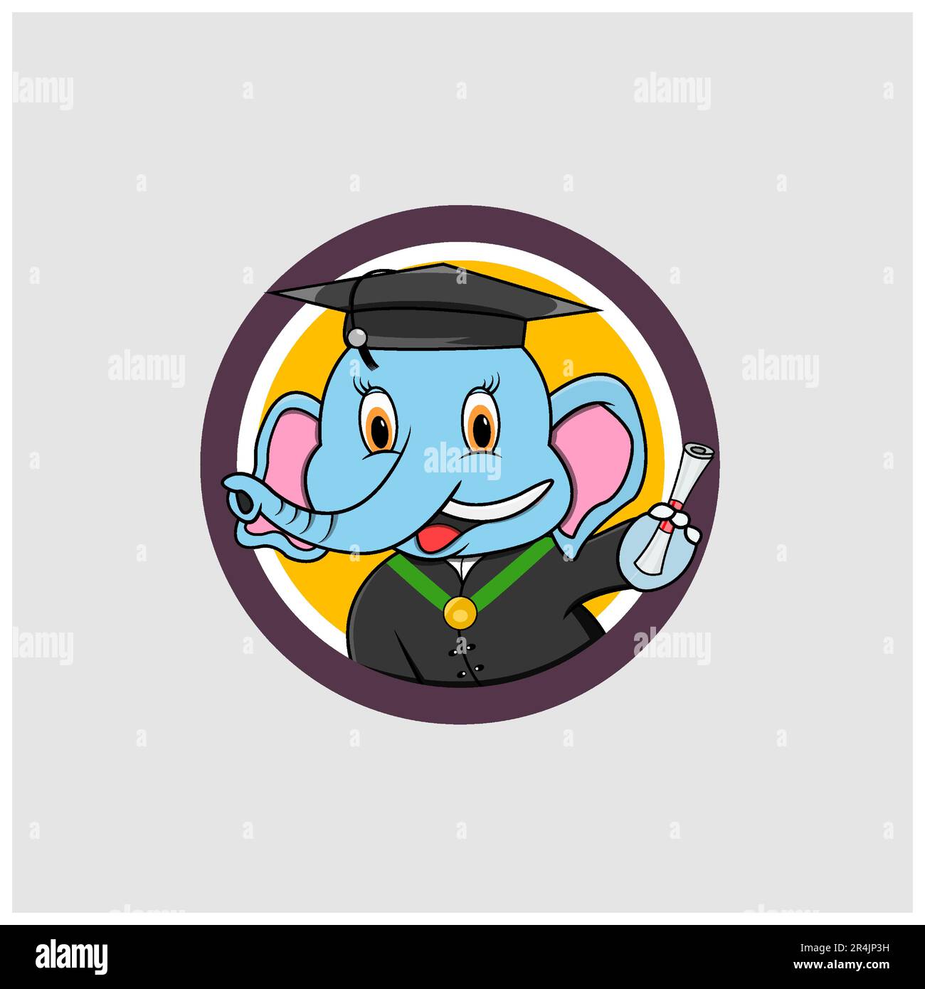 Cute Elephant Head Graduate Circle Label , colori gialli sfondo, Cartoon, Mascotte, Animali, Carattere, vettore e illustrazione. Illustrazione Vettoriale