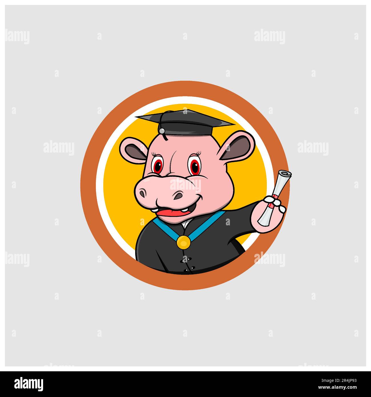 Cute Hippopotamus testa Graduate Circle Label , colori gialli sfondo, Cartoon, Mascotte, Animali, Carattere, vettore e illustrazione. Illustrazione Vettoriale
