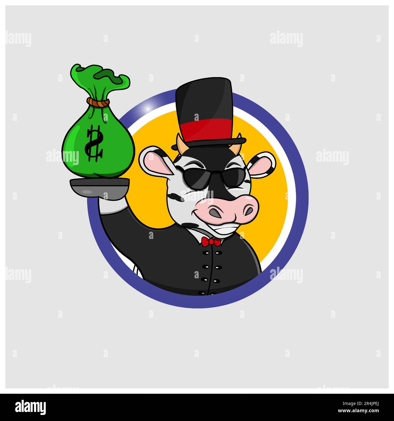 Etichetta circolare testa di mucca ricca di Cartoon con denaro da portare, sfondo giallo colori, Cartoon, Mascotte, Animali, Carattere, vettore e illustrazione. Illustrazione Vettoriale