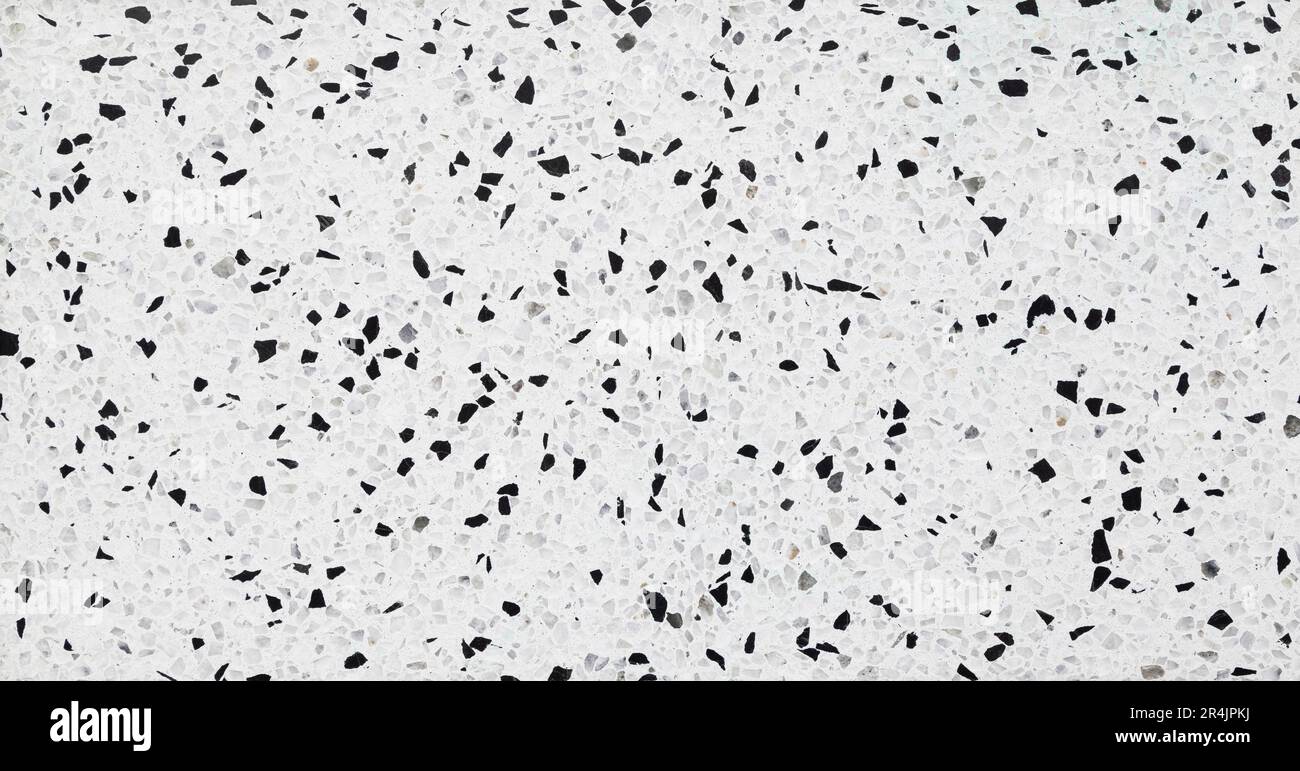 Primo piano di una parete o pavimento in piastrelle di terrazzo bianco con flagelli neri, vista dall'alto o frontale. Sfondo testurizzato astratto. Spazio di copia. Foto Stock