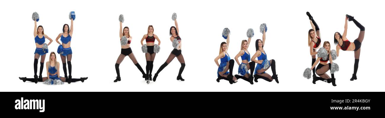 Collage con foto di belle cheerleaders felici con pom pom in uniformi su sfondo bianco Foto Stock