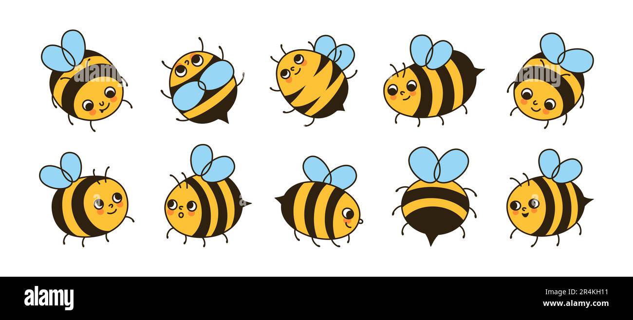 Set di cartoni animati di Bee Honey Characters. Fumetti bambini honeybee insetti mascotte personaggi con volti divertenti retro design. Carino mano disegnata estate vintage comic smiley striato api doodle vettore illustrazione Illustrazione Vettoriale