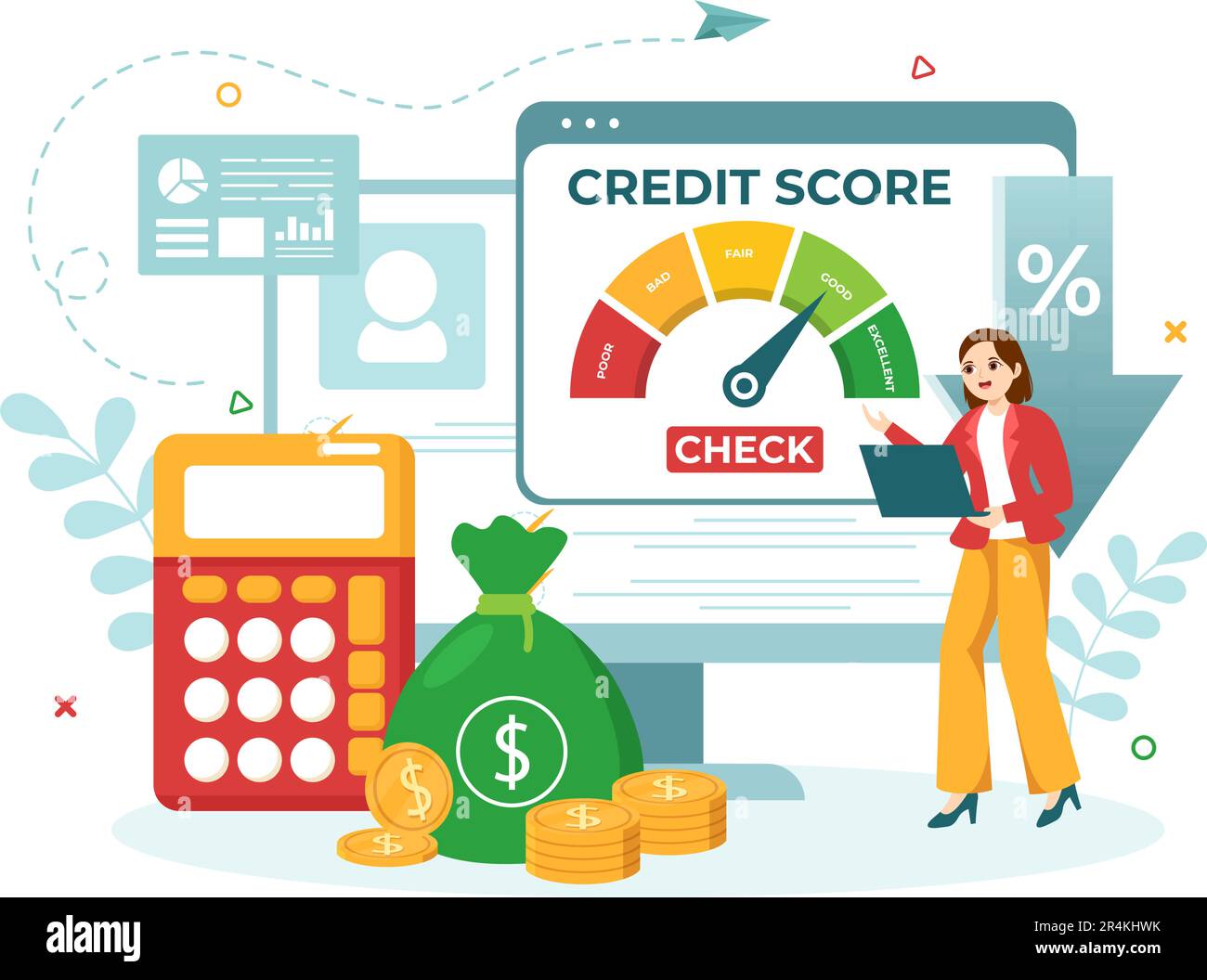 Punteggio di credito Vector Illustration con prestito freccia indicatore tachimetro indicatore da scarso a buon tasso in Cartoon piano modelli disegnati a mano Illustrazione Vettoriale