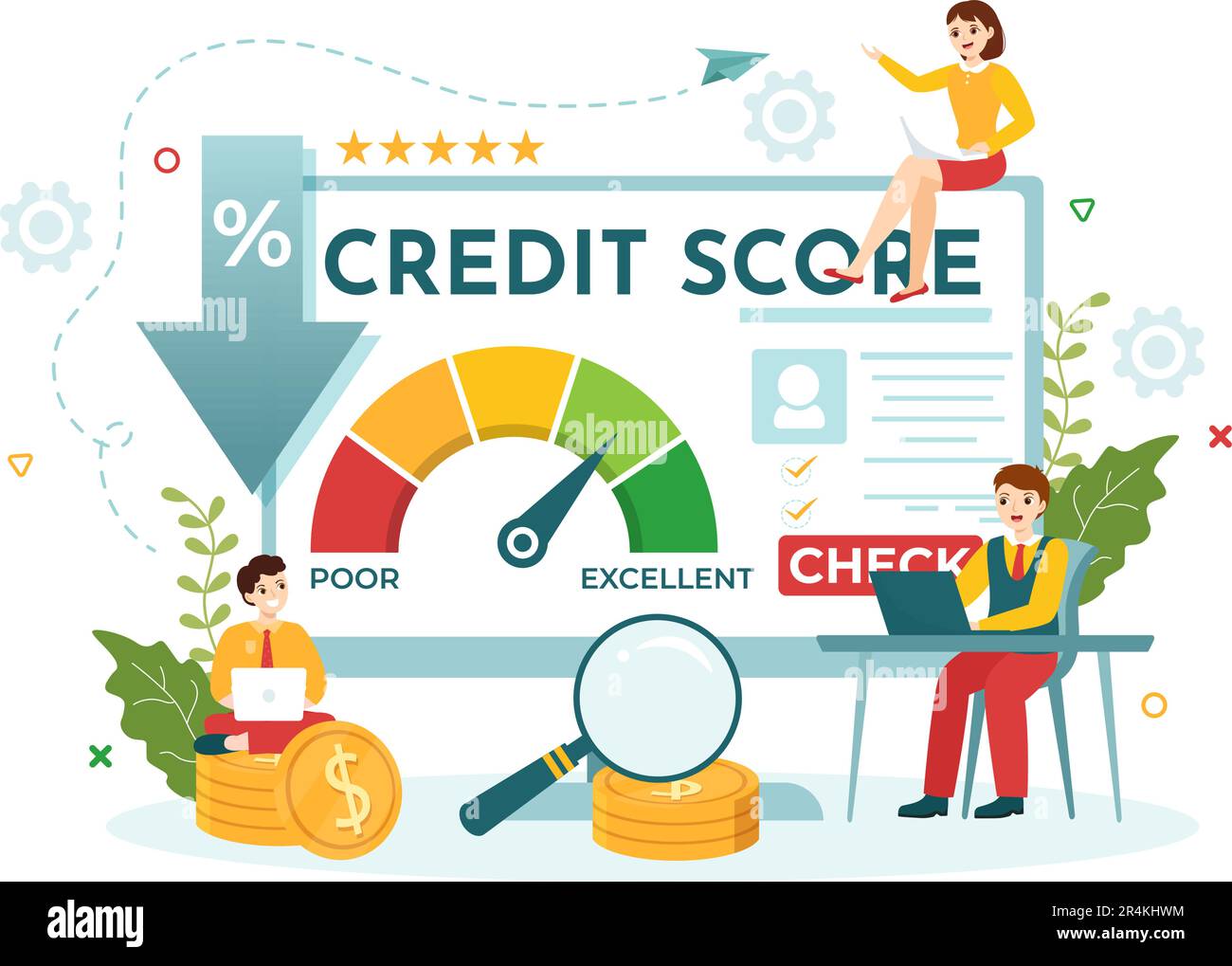 Punteggio di credito Vector Illustration con prestito freccia indicatore tachimetro indicatore da scarso a buon tasso in Cartoon piano modelli disegnati a mano Illustrazione Vettoriale