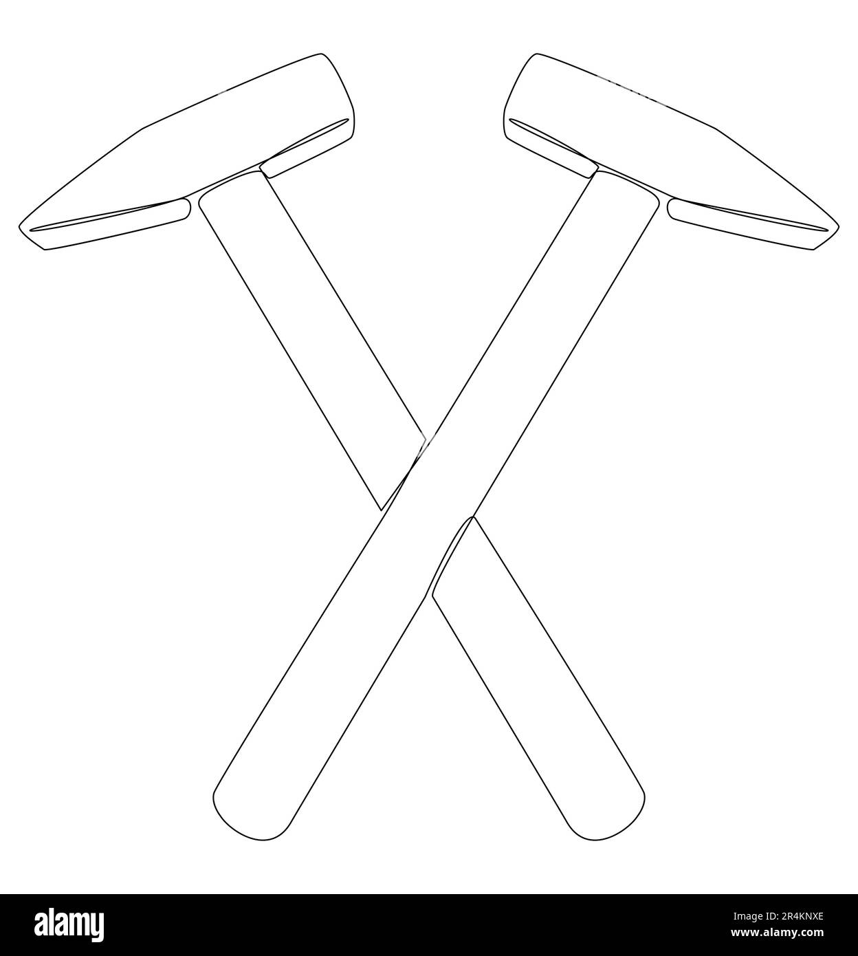 Una linea continua di martelli. Concetto di strumento di lavoro vettoriale con illustrazione a linee sottili. Disegno di contorno idee creative del settore delle costruzioni. Illustrazione Vettoriale