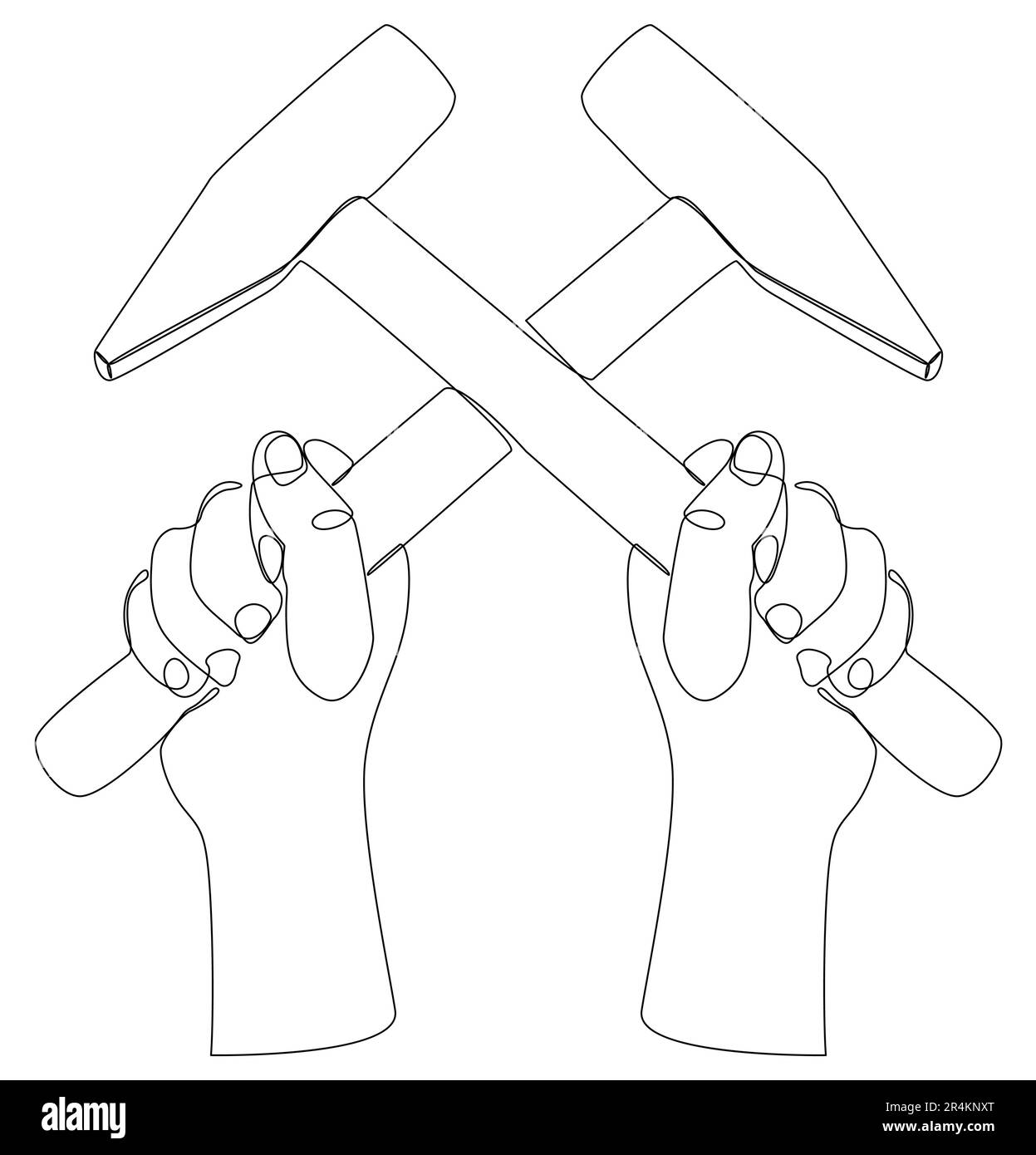 Una linea continua di martelli. Concetto di strumento di lavoro vettoriale con illustrazione a linee sottili. Disegno di contorno idee creative del settore delle costruzioni. Illustrazione Vettoriale
